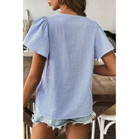 Sky Blue Stripe Textured Ruffle Short Sleeve Boho Detail Square Neck Blouse - L thumbnail