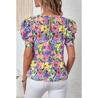 Purple Floral Print Puff Short Sleeve Crew Neck Blouse - L thumbnail