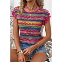 Rose Red Jacquard Textured Tasseled Cap Sleeve Top - L thumbnail