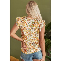 Green Floral Print Ruffled Sleeveless V Neck Tank Top - L thumbnail