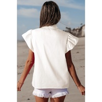 White Half Button Lace Patchwork Flutter Sleeve Blouse - L thumbnail