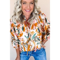 Yellow Abstract Print Drawstring Frilled V Neck 3/4 Sleeve Blouse - L thumbnail