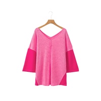 Sachet Pink Contrast Patchwork 3/4 Sleeve V Neck Loose Blouse - L thumbnail