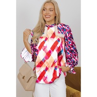 Rose Red Abstract Geometric Pattern Patchwork Puff Sleeve Blouse - L thumbnail