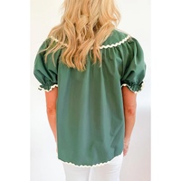 Mist Green Ric Rac Trim Tie Split Neck Short Sleeve Blouse - L thumbnail