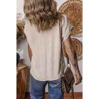 Jet Stream Geometric Embroidered Short Sleeve Tassel Tied V Neck Blouse - L thumbnail