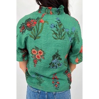 Bright Green Floral Print Buttoned V Neck Short Sleeve Blouse - L thumbnail