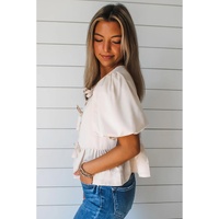 White Bow Tie Short Puff Sleeve Ruffle Hem Blouse - L thumbnail
