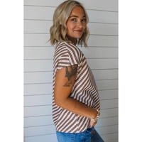 Chestnut Striped Stand V Neck Short Sleeve Blouse - L thumbnail