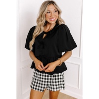 Black Puff Sleeve Bowknot Front Peplum Blouse - S thumbnail