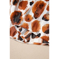 Brown Metallic Threading Accents Pleated Abstract Printed Ruffled 3/4 Sleeve Blouse - L thumbnail