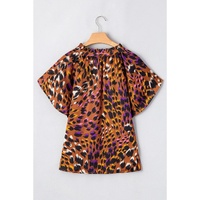 Orange Leopard Printed Draped Short Sleeve Slit V Neck Blouse - L thumbnail