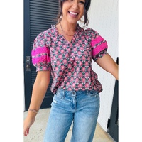 Sachet Pink V-Neck Ruffle Abstract Floral Print Puff Sleeve Top - L thumbnail