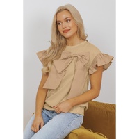 Parchment Two Tones Ribbon Bow Ruffle Sleeve Top - XL thumbnail