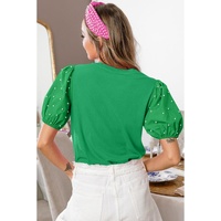 Bright Green Ribbed Pearl Beaded Puff Sleeve Top - L thumbnail