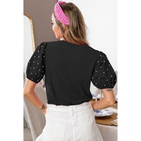 Black Ribbed Pearl Beaded Puff Sleeve Top - M thumbnail