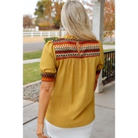 Mustard Geometric Short Puff Sleeve Frilled Collar Blouse - L thumbnail