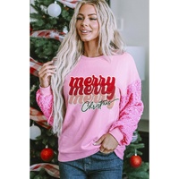 Pink Merry Christmas Graphic Sequin Sleeve Patchwork Top - L thumbnail