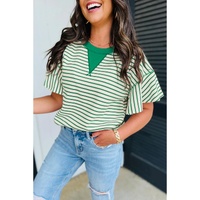 Bright Green Contrast Detail Striped Ruffle Short Sleeve Top - M thumbnail