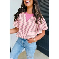 Sachet Pink Contrast Detail Striped Ruffle Short Sleeve Top - L thumbnail