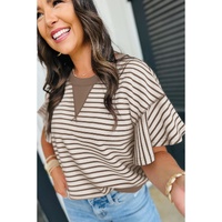 Parchment Contrast Detail Striped Ruffle Short Sleeve Top - L thumbnail