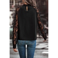 Black Keyhole Neckline Floral Lace Raglan Sleeve Blouse - XL thumbnail