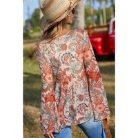 Orange Floral Print Deep V Neck Knot Bell Sleeve Blouse - L thumbnail