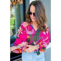 Rose Blooming Flower Print Ruffled Puff Sleeve Blouse - M thumbnail