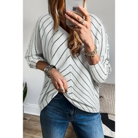 Black Stripe Chevron Striped V Neck Long Sleeve Casual Top - L thumbnail