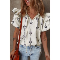 Beige Bow Printed Ruffled Bubble Sleeve Tied Notched V Neck Blouse - L thumbnail