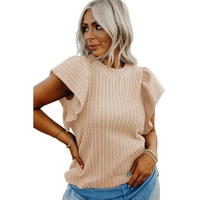 Beige Solid Color Textured Flutter Sleeve Top - XL thumbnail