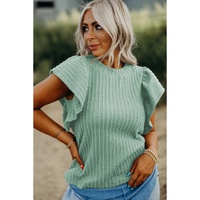 Moonlight Jade Solid Color Textured Flutter Sleeve Top - L thumbnail
