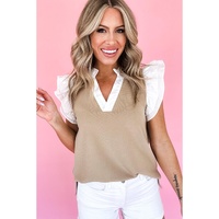 Pale Khaki Contrast V Neck Ruffled Textured Knit Top - L thumbnail