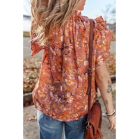 Orange Floral Print Ruffled Flutter Sleeve Frilled V Neck Blouse - L thumbnail