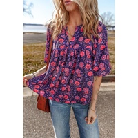 Purple Floral Half Sleeve Split Neck Blouse Top - L thumbnail