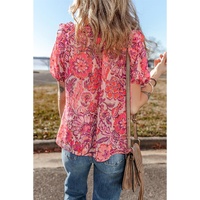 Red Floral Print Ruffled Puff Short Sleeve Blouse - L thumbnail
