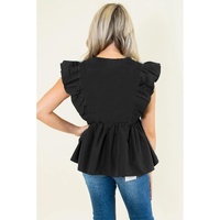 Black Contrast Ricrac Trim Ruffled V Neck Peplum Top - M thumbnail