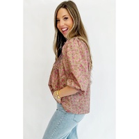 Light French Beige Floral Print Bow Pintuck Bust Half Puff Sleeve Blouse Top - L thumbnail