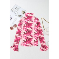 Rose Floral Mesh Flounce Sleeve Mock Neck Blouse - L thumbnail