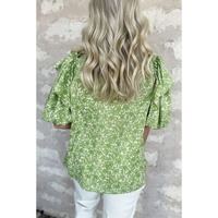 Light Green Floral Ruffle Puff Short Sleeve Frilled Collar V Neck Blouse - L thumbnail