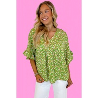 Green Floral Print Ruffle Sleeve V Neck Blouse Top - L thumbnail