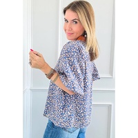 Ashleigh Blue Leopard Print Spot Contrast V Neck Half Puff Sleeve Shirt - L thumbnail