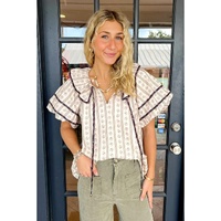 White Floral Ruffled Collar Short Puff Sleeve Printed Blouse - XL thumbnail