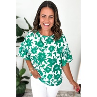 Green Floral Printed Ruffled Short Sleeve Round Neck Loose Blouse - L thumbnail