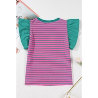 Pink Stripe Colorblock Ruffled Sleeve Crew Neck Blouse - L thumbnail