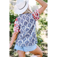 Blue Western Fashion Print Floral Puff Sleeve Frilled Neck Blouse - L thumbnail