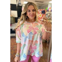 Multicolour Bowknot Printed Waffle Crewneck Loose Short Sleeve Top - L thumbnail