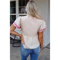 Beige Floral Embroidered Short Sleeve Notched V Neck Blouse - XL thumbnail