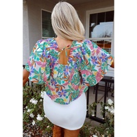 Green Plant Print Loose Fit Puff Sleeve Square Neck Blouse - L thumbnail