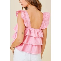 Pink Tiered Heart Trim Square Neck Flutter Top - L thumbnail